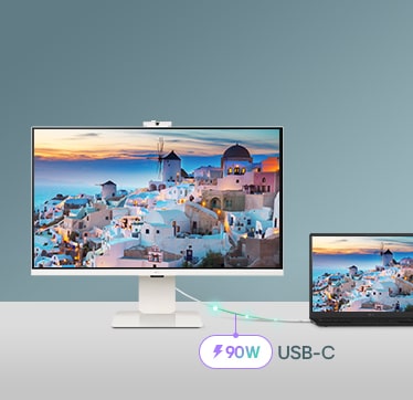 Et bilde som viser en smartskjerm koblet til en bærbar PC via USB-C, som demonstrerer lading og dataoverføring.	