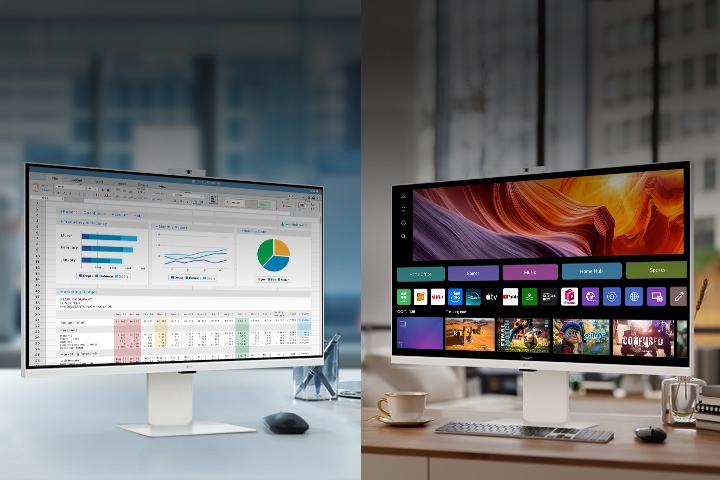 Et bilde som viser LG Smart Monitors på et kontor og i et hjem.	
