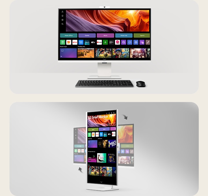 LG Smart Monitor på et skrivebord med tastatur og mus som viser webOS-startskjermen, sammen med en rotert visning som fremhever overgangen mellom liggende og stående modus.