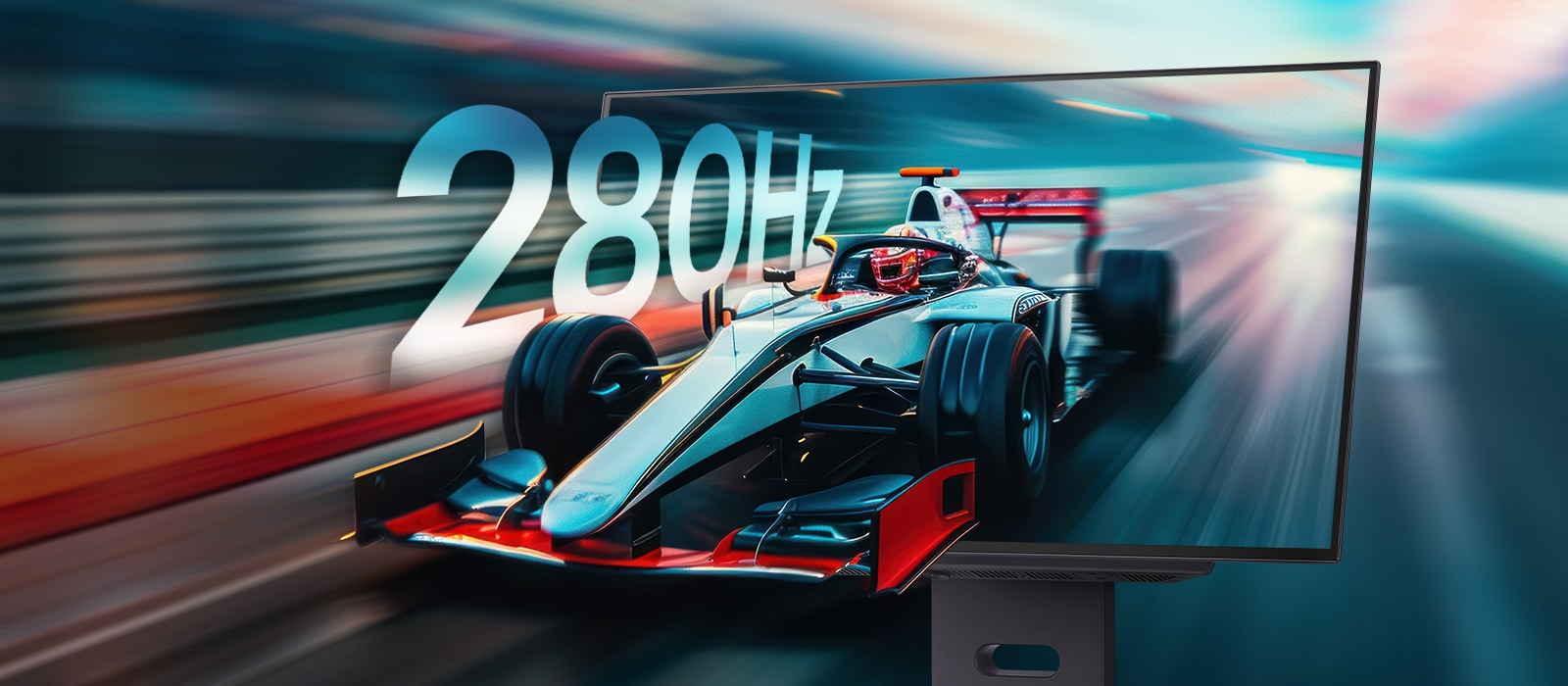 LG UltraGear-spillmonitor som viser en Formel 1-bil i høy hastighet med en dynamisk bevegelsesuskarphetseffekt. Tallet «280 Hz» er tydelig plassert som overlegg og fremhever skjermens ultraraske oppdateringsfrekvens. Skjermen vises fra siden, noe som fremhever dens ytelse og hastighetsorienterte design.	