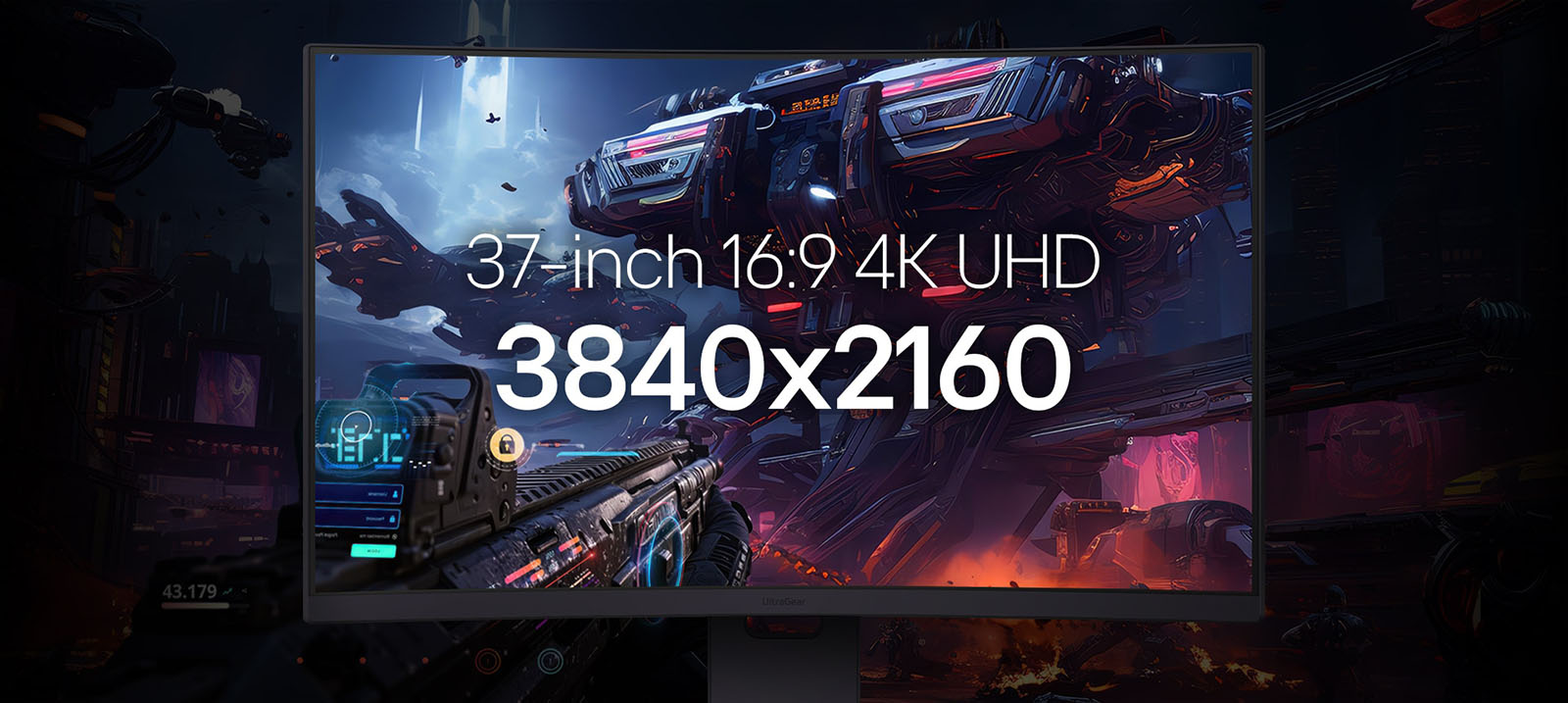Vue avant du moniteur LG UltraGear™ 37G800A affichant une scène de bataille futuriste de science-fiction. Le texte superposé met en valeur la résolution et le format : « 37 pouces 16:9 4K UHD 3 840×2 160 ».