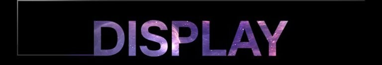 Ordet «SKJERM» i store gradientbokstaver, sentrert på mørk bakgrunn med en tynn omrissboks som strekker seg fra venstre side.