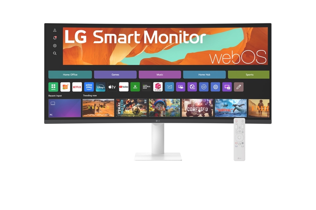 LG 34'' Smart Monitor WQHD buet skjerm for strømming med webOS, Visning forfra med fjernkontroll, 34U601SA-W