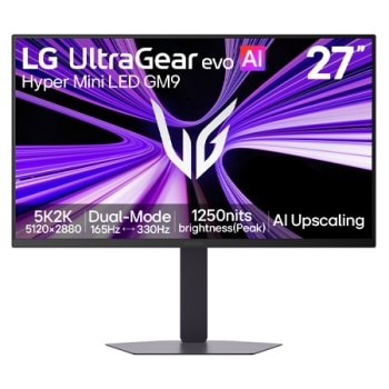 LG UltraGear 27GM950B, 27" 5K Hyper Mini LED, 165Hz (5K) / 330Hz (QHD), 1ms, HDR1000, 2304 soner, DP 2.1 — AI-drevet 5K-klarhet og dual-mode-hastighet for elitgaming og kreativ presisjon.1