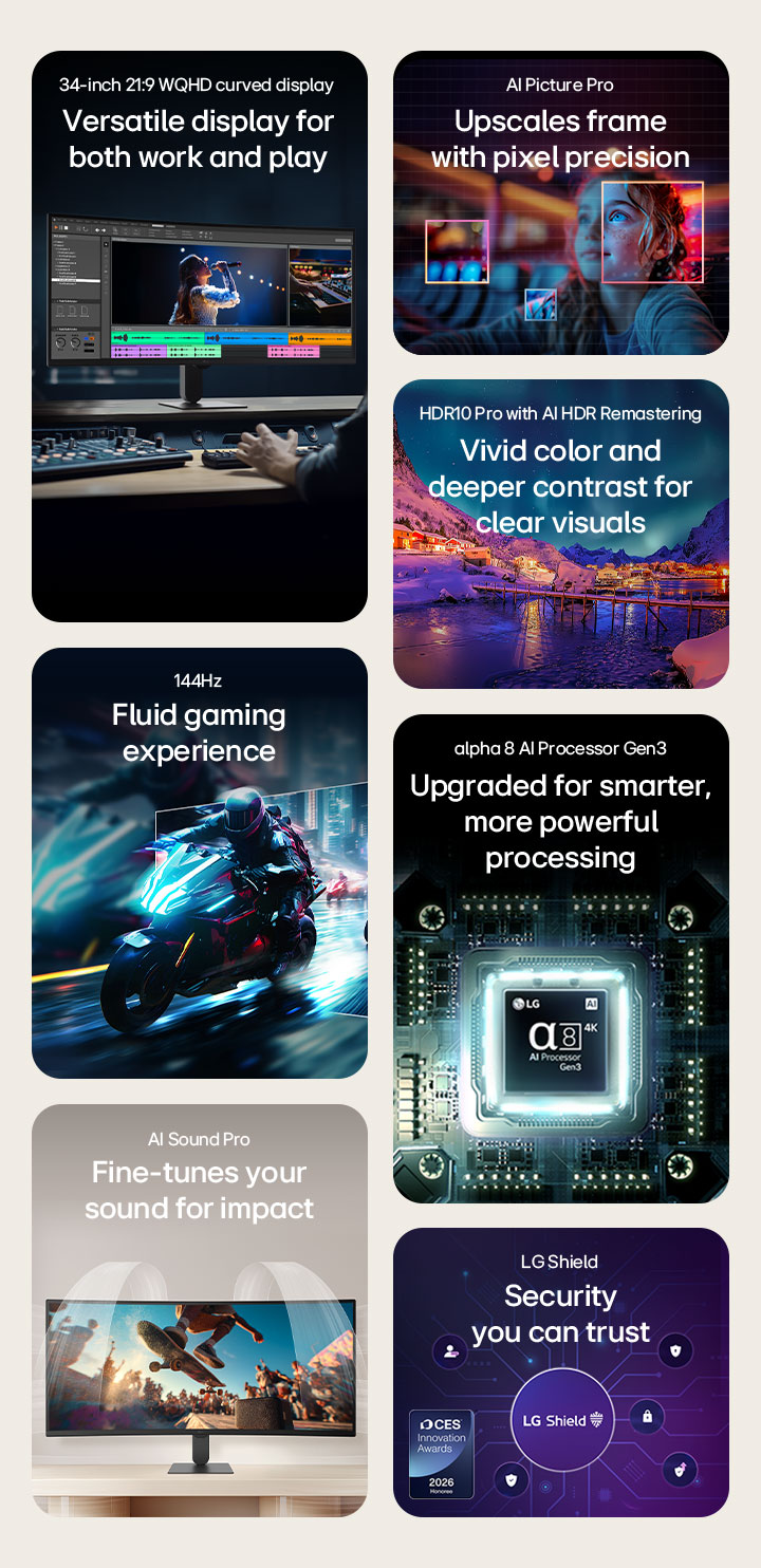 Sammendragsvideo som viser LG Smart Monitor-funksjoner, inkludert WQHD-skjerm, AI Picture Pro, HDR10 Pro med sRGB 99 %, AI Sound Pro, 144 Hz oppdateringsfrekvens, alpha 8 AI Processor Gen3 og LG Shield-sikkerhet.