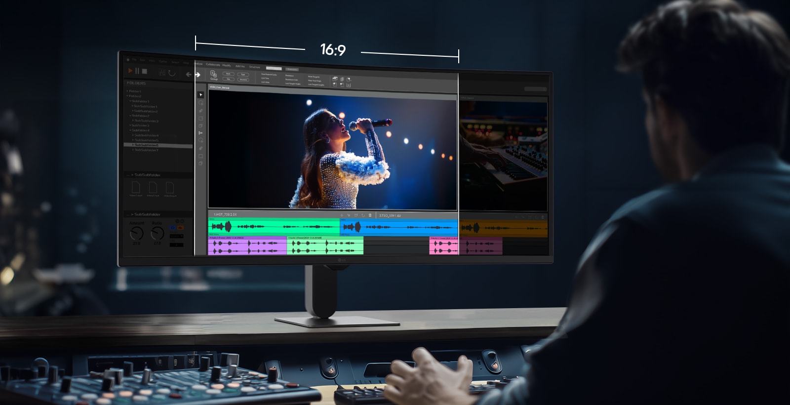 LG Smart Monitor som viser et profesjonelt video- og lydredigeringsarbeidsområde med tidslinje, fargekorrigeringsverktøy og lydmiksegrensesnitt i et kreativt studiomiljø med høyttalere og tastatur for innholdsproduksjon og multimediaarbeid.