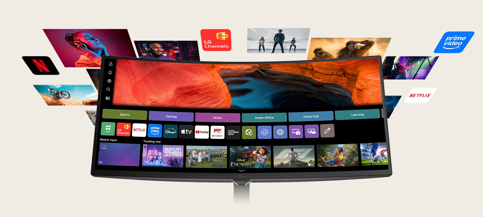 LG Smart Monitor som viser webOS-startskjermen med strømmetjenester og innholdsfliser, omgitt av flytende underholdningsbilder som filmer, sport og serier, som fremhever en alt-i-ett smart strømme-, innholdsoppdagelses- og hjemmeunderholdningsopplevelse