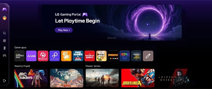 LG Smart Monitor som viser LG Gaming Portal-grensesnittet med spillapplikasjoner, skyspilltjenester og populære titler, med umiddelbar tilgang, nylig spilte spill og en spillopplevelse i konsollstil på webOS