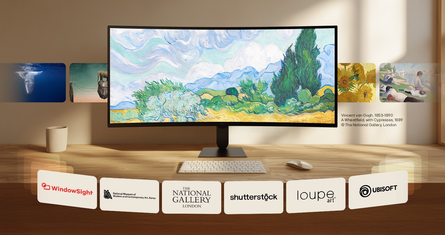 LG Smart Monitor som viser roterende kunstverk og bildeinnhold på webOS, med kjente malerier og visuelle kunstkilder, plassert på et rent bord med tastatur og mus, som fremhever digital kunstvisning, galleriopplevelse og omgivelsesinnhold