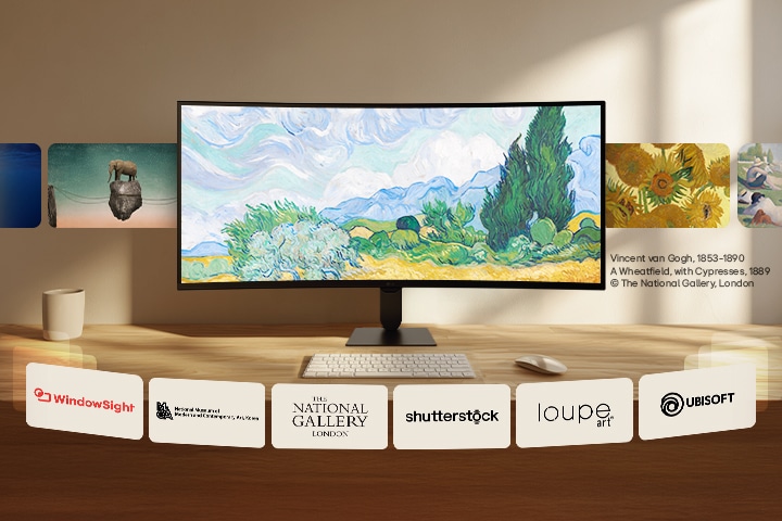 LG Smart Monitor som viser roterende kunstverk og bildeinnhold på webOS, med kjente malerier og visuelle kunstkilder, plassert på et rent bord med tastatur og mus, som fremhever digital kunstvisning, galleriopplevelse og omgivelsesinnhold