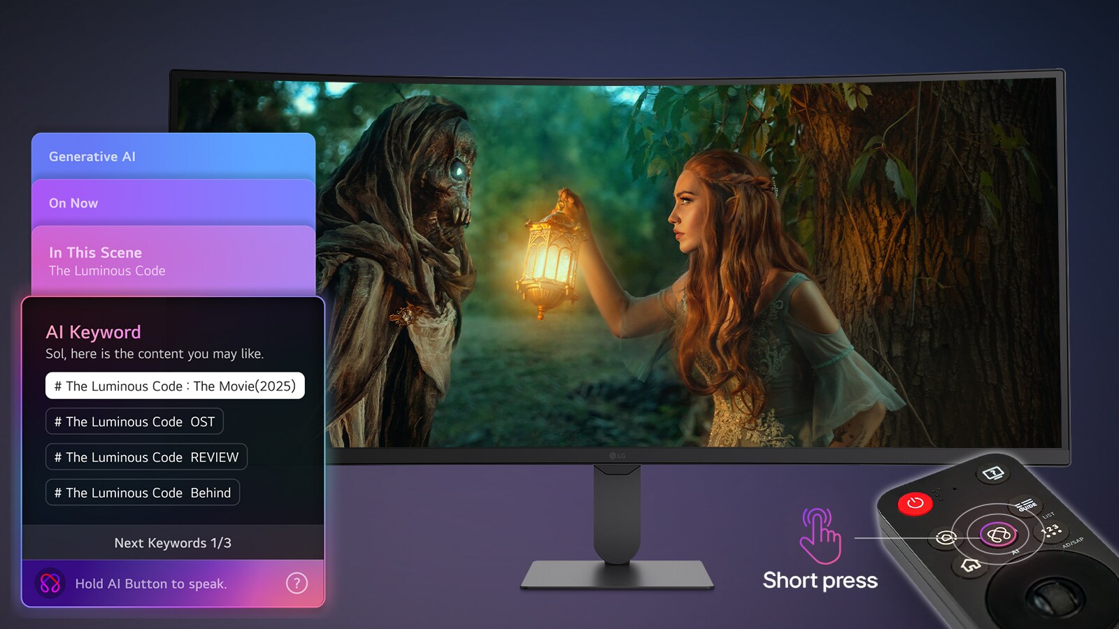LG Smart Monitor viser AI Concierge-grensesnitt med Generative AI-anbefalinger og AI-søkeordforslag, styrt av Magic Remote, og fremhever kontekstuelt søk, stemmeinteraksjon og personalisert innholdsoppdagelse på Smart Monitor