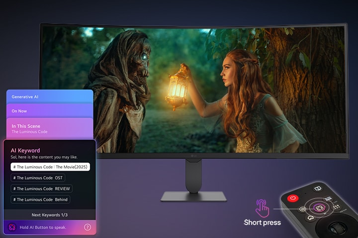 LG Smart Monitor viser AI Concierge-grensesnitt med Generative AI-anbefalinger og AI-søkeordforslag, styrt av Magic Remote, og fremhever kontekstuelt søk, stemmeinteraksjon og personalisert innholdsoppdagelse på Smart Monitor