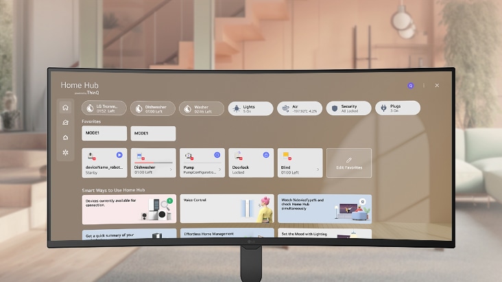 LG Smart Monitor viser ThinQ Home Hub-grensesnittet for å styre flere smarthusenheter, med et samlet dashbord for belysning, hvitevarer og tilkoblede enheter, og fremhever smarthusovervåking og sentralisert kontroll på webOS