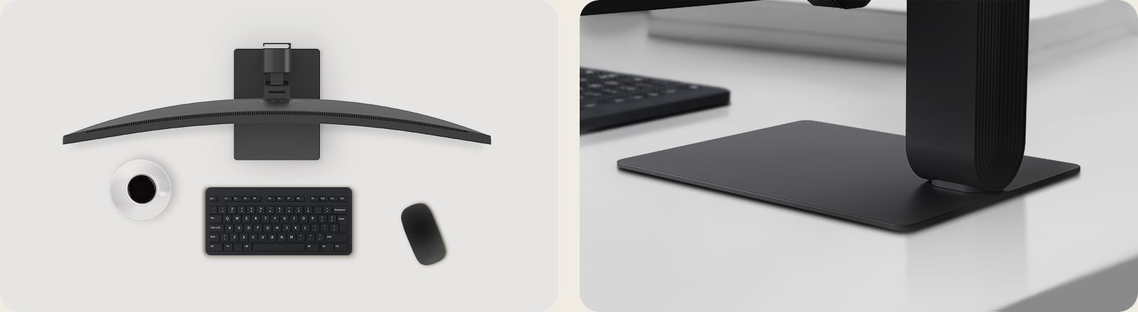 Laual oleva kumera LG UltraWide monitori pealtvaade koos kohvitassi, juhtmevaba klaviatuuri ja hiirega ning selle kõrval lähivõte õhukesest, ruudukujulisest monitori alusest, mis on loodud stabiilsuse ja segadusteta tööruumi tagamiseks.