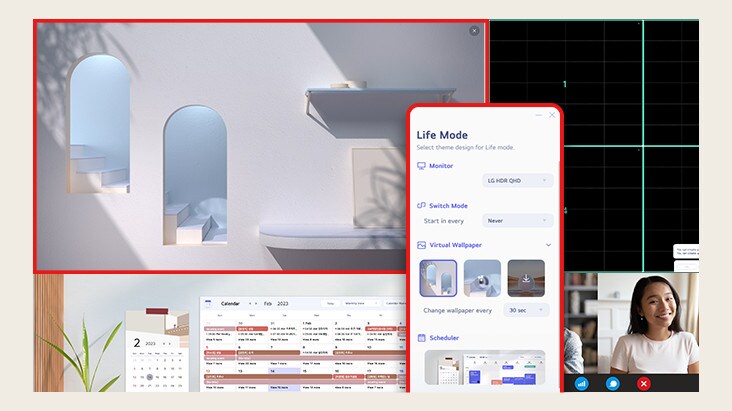 LG Switch-appen hjelper med å optimalisere skjermen for et effektivt arbeidsmiljø, som å dele skjermen inn i seks områder, administrere tidsplaner, eller enkelt starte videokonferanseplattformen ved hjelp av tilordnede hurtigtaster.