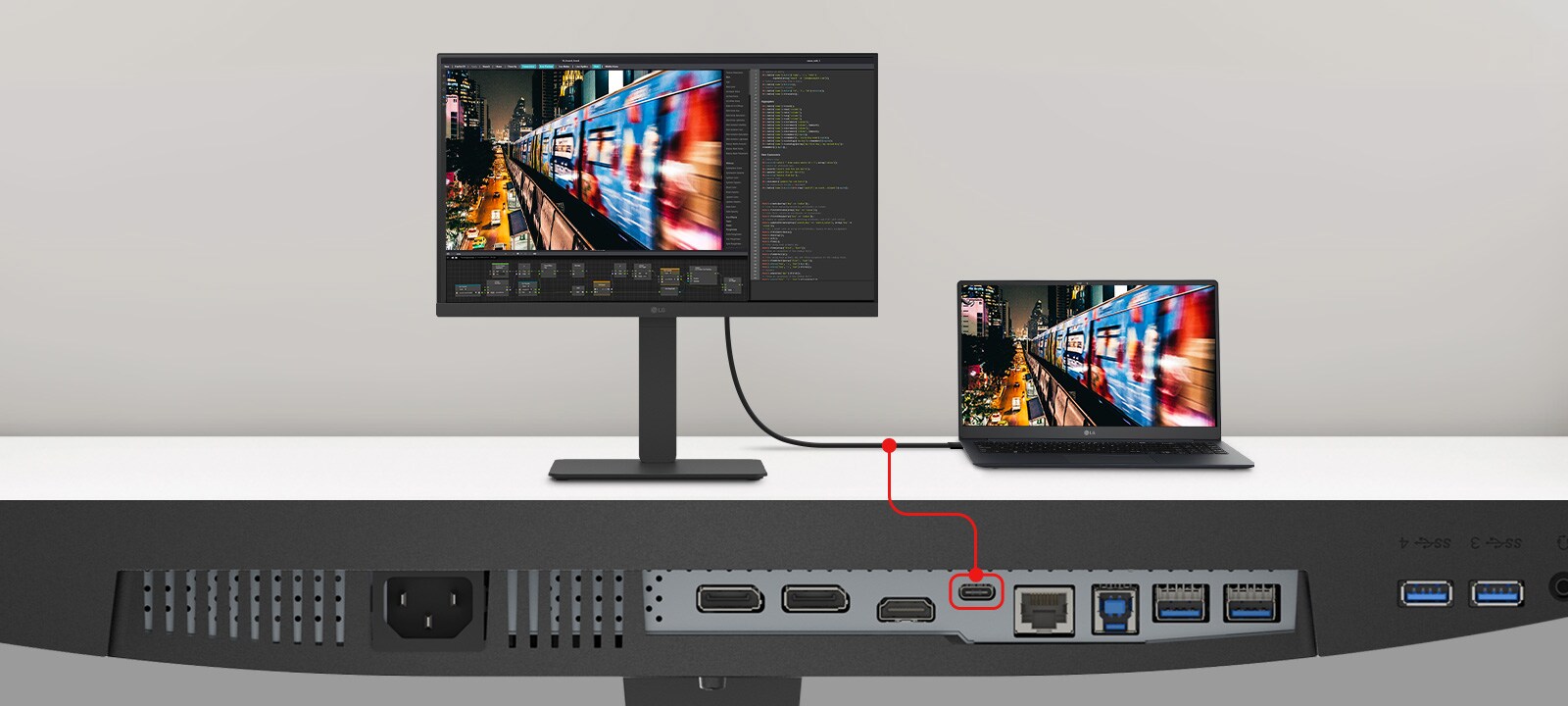 Et bilde av en bærbar PC og en skjerm som er koblet sammen med én enkelt USB Type-C-kabel.