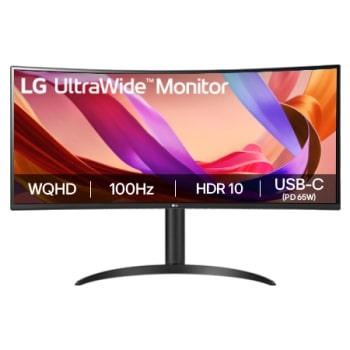 LG UltraWide 34BQ65VA-B, 34" WQHD 100Hz kurvet (1800R) skjerm, sRGB 99 % med HDR 10, lesemodus (Reader Mode) og flimmerfri (Flicker Safe) – 21:9-skjerm med storslåtte bilder for effektiv multitasking.