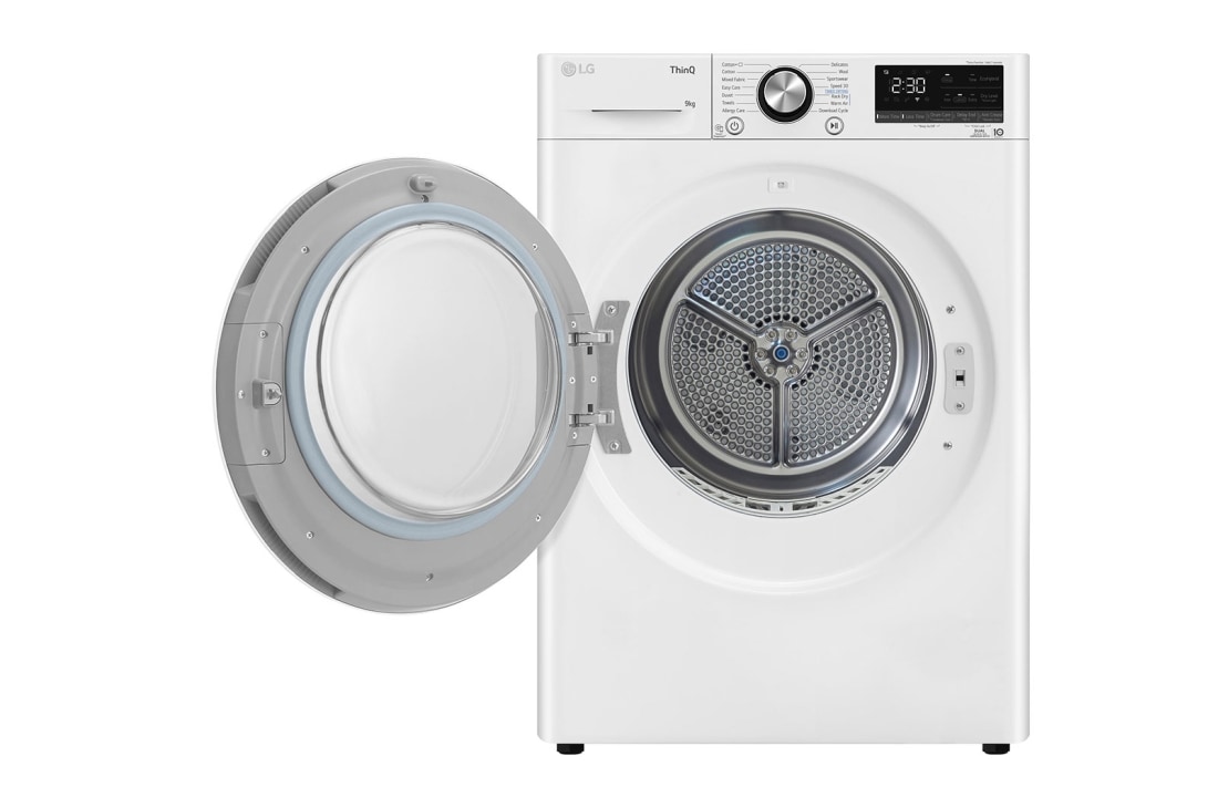 LG 9-kg DUAL Inverter Heat Pump™ Tørketrommel med Eco Hybrid™og Varmepumpeteknologi , Front view with open door, RV9DN9039, thumbnail 2
