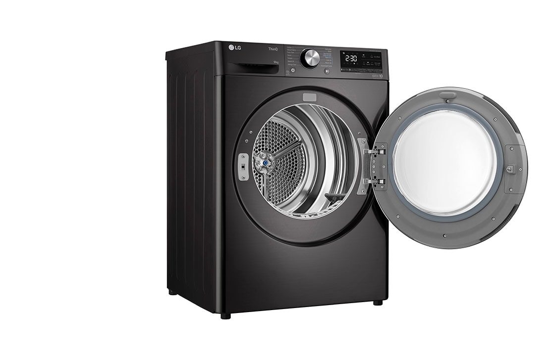 LG Sort 9-kg DUAL Inverter Heat Pump™ Tørketrommel med Eco Hybrid™og Varmepumpeteknologi , left open view, RV9DN903B, thumbnail 12