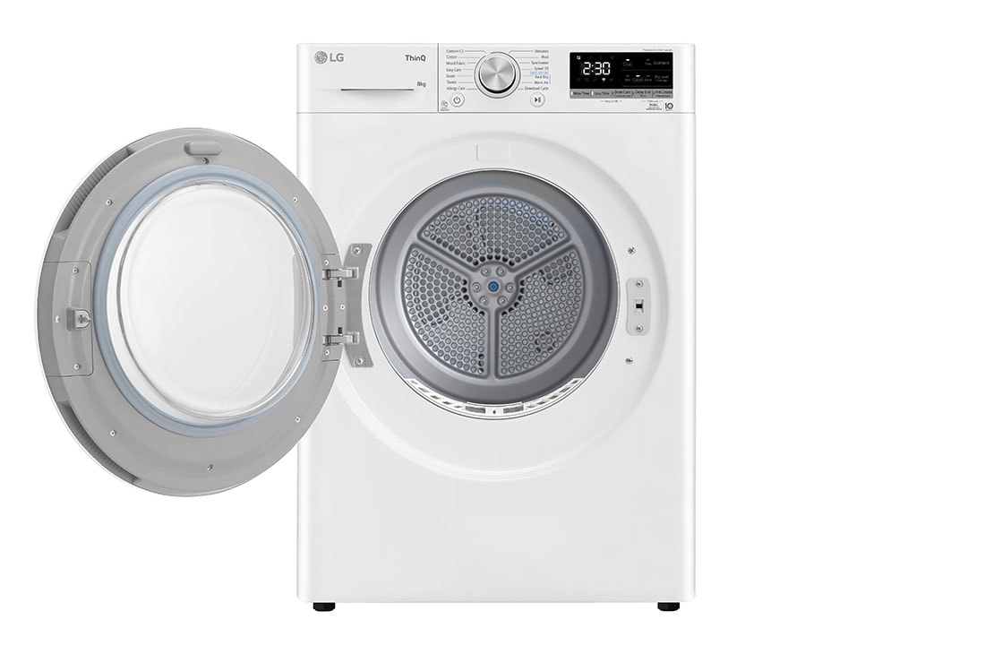 LG 8-kg DUAL Inverter Heat Pump™ Tørketrommel med Eco Hybrid™ og Varmepumpeteknologi, Front door left open, RH80V9AV7N, thumbnail 2