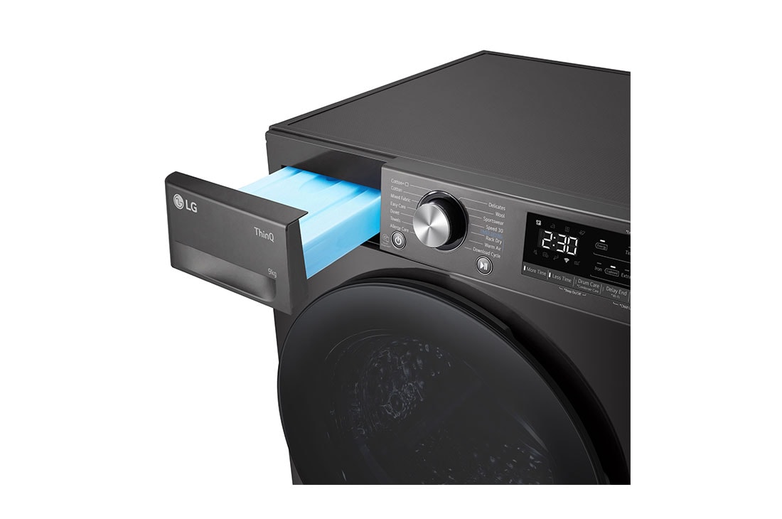 LG Sort 9-kg DUAL Inverter Heat Pump™ Tørketrommel med Eco Hybrid™og Varmepumpeteknologi , Top Right Drawer Open Detail, RV9DN903P, thumbnail 7