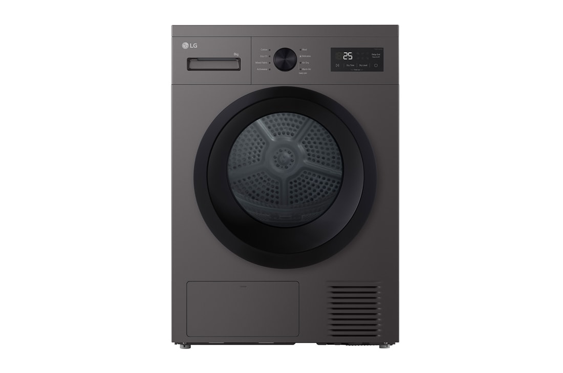 LG 8 kg Tørketrommel (Dark Silver) - Energiklasse D/A++ med Heat Pump, front view, RHA1008NDK