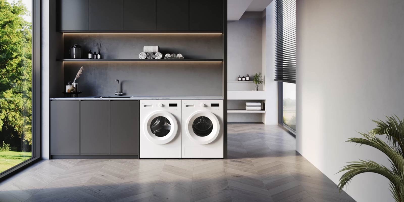 Video av å zoome inn på LG-tørketrommelen i vaskerommet med LG vaskemaskin.