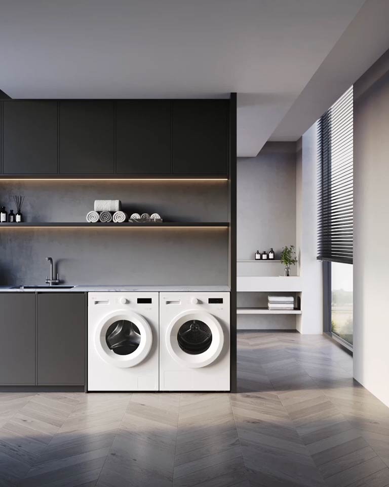 Video av å zoome inn på LG-tørketrommelen i vaskerommet med LG vaskemaskin.