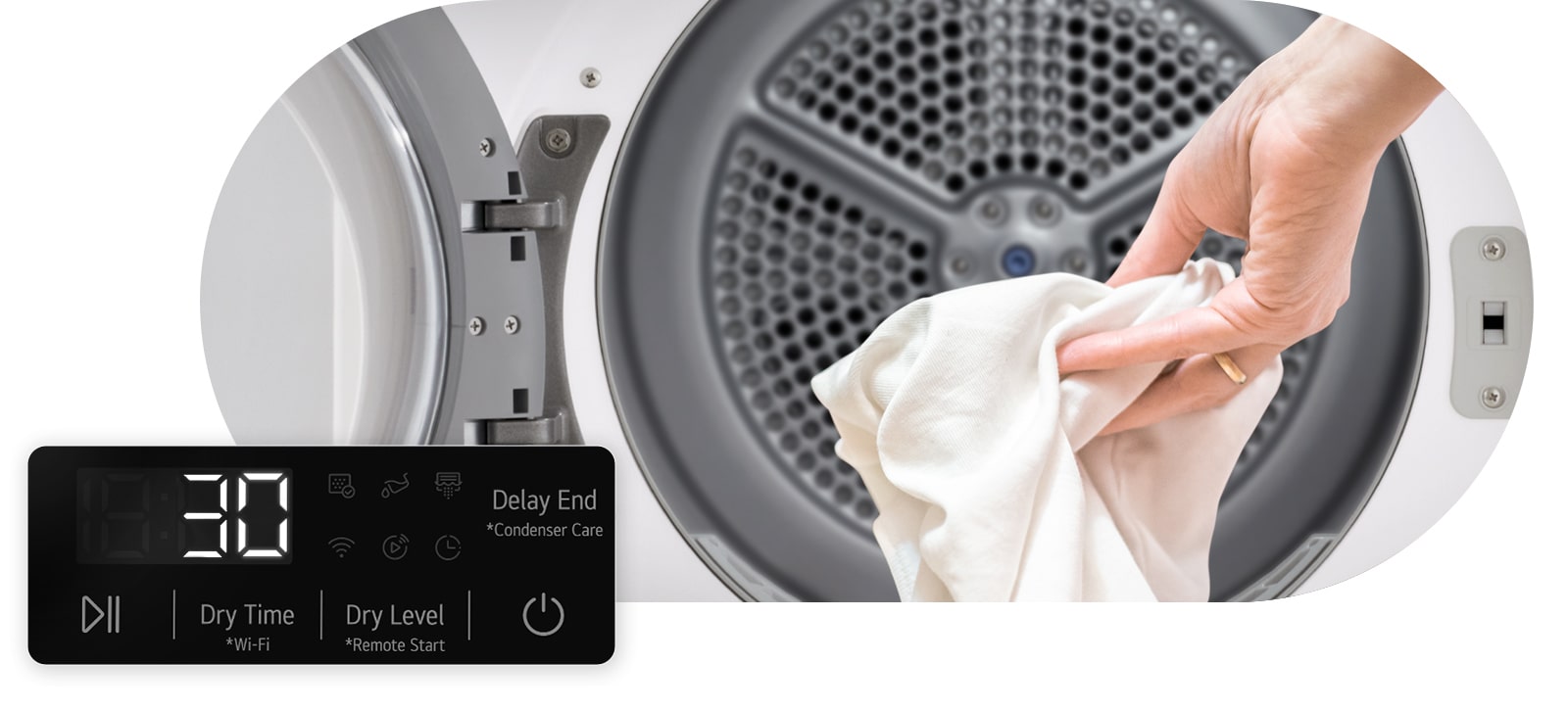 Forstørret panelbilde og stoff som plasseres i tørketrommelen