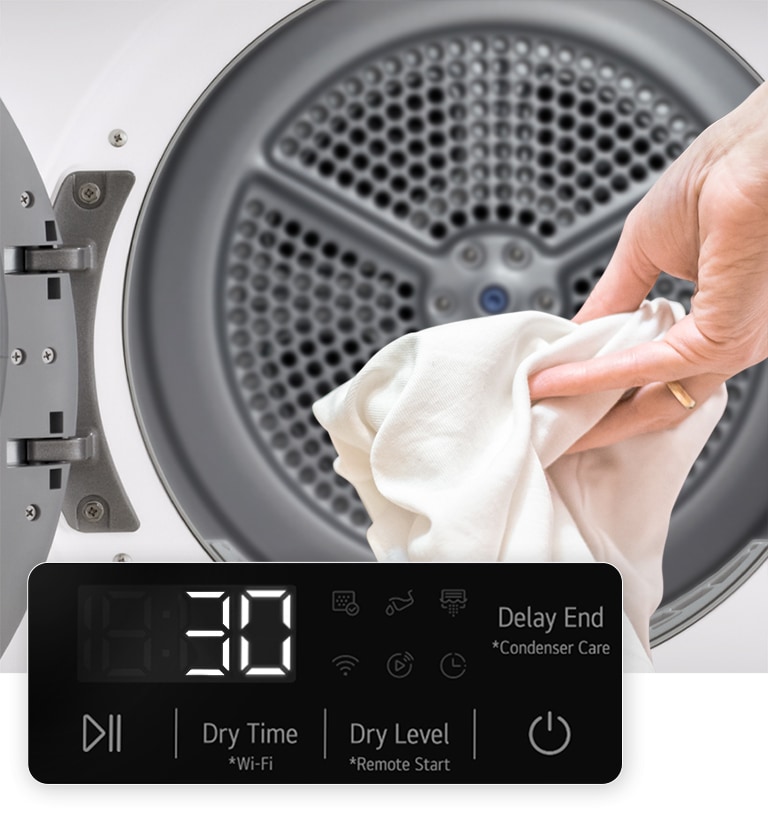 Forstørret panelbilde og stoff som plasseres i tørketrommelen