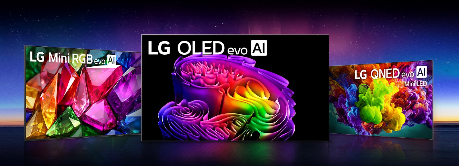 LG TV-utvalget viser forskjeller i bildekvalitet mellom LG OLED evo AI, LG Mini RGB evo AI og LG QNED evo AI Mini LED, der hver av dem viser lyse og rikt detaljerte abstrakte bilder mot en mørk bakgrunn.