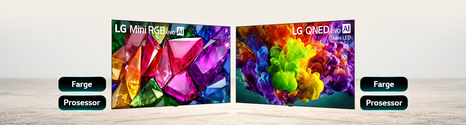 LG Mini RGB evo viser raffinert fargegjengivelse gjennom levende, krystallignende bilder ved siden av en liste over viktige egenskaper, inkludert farge og prosessor, for detaljert og presis bildekvalitet. LG QNED evo Mini LED viser frem bildekvaliteten sin med utvidet fargevolum gjennom levende, malerilignende bilder, i tillegg til viktige egenskaper som farge og prosessor for en oppslukende storskjermopplevelse.