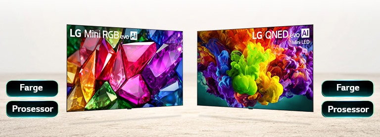 LG Mini RGB evo viser raffinert fargegjengivelse gjennom levende, krystallignende bilder ved siden av en liste over viktige egenskaper, inkludert farge og prosessor, for detaljert og presis bildekvalitet. LG QNED evo Mini LED viser frem bildekvaliteten sin med utvidet fargevolum gjennom levende, malerilignende bilder, i tillegg til viktige egenskaper som farge og prosessor for en oppslukende storskjermopplevelse.