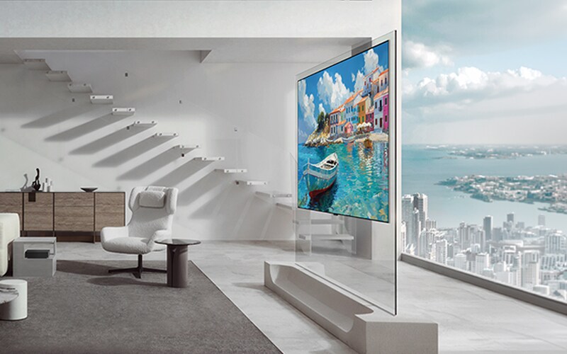 LG OLED evo AI W6 Wallpaper TV er plassert i en moderne stue som en Art TV, med et levende, fargerikt kunstverk av et vannlandskap og en slank profil som integreres sømløst i rommets sofistikerte interiørdesign.