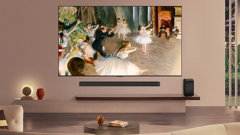 LG OLED evo AI W6 Wallpaper TV med en profil i 9 mm-klassen er plassert i en stue med store gulv-til-tak-vinduer med utsikt over en elv, og viser et ballettmaleri som harmonerer med det raffinerte interiøret.