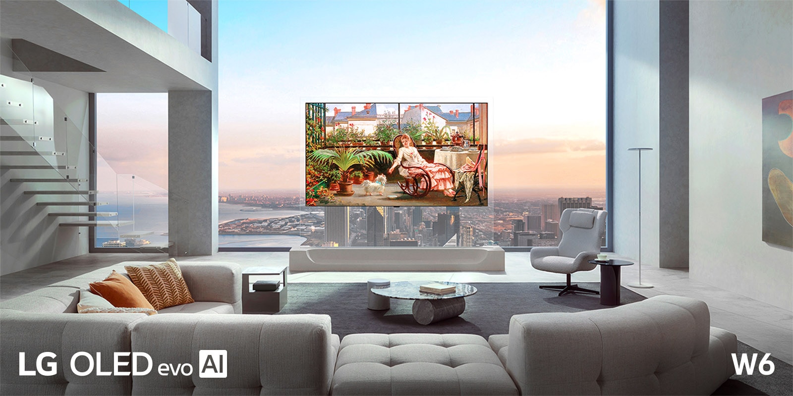 LG OLED evo AI W6 Wallpaper TV med en profil i 9 mm-klassen vises i en stue og glir inn i det sofistikerte interiøret, mens den viser et levende maleri av en kvinne som slapper av med en hund ved siden av store vinduer med utsikt over byen.