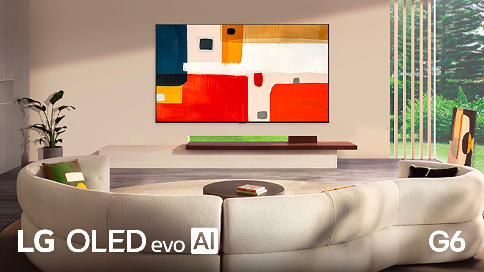 LG OLED evo AI G6 har et Flush-fit Gallery Design montert sømløst på veggen i en moderne stue, og viser levende abstrakt kunst som kompletterer det elegante interiøret og det lyse rommet.