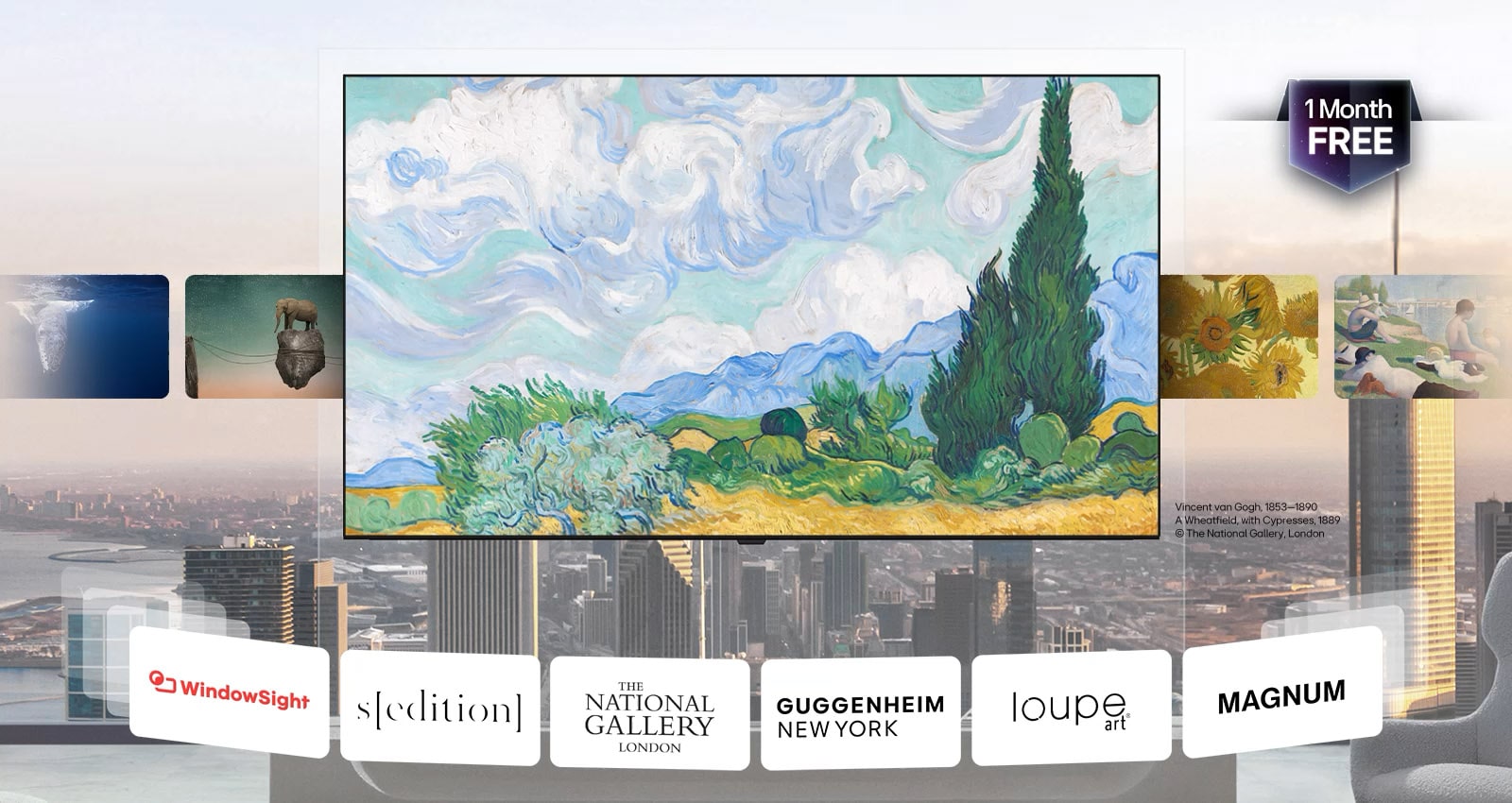 LG ART TV med LG Gallery+ viser kuratert kunst i et hjemmeinteriør, med Vincent van Goghs «A Wheatfield, with Cypresses» i sentrum, sammen med referanser til partnermuseer og meldingen «1 måned gratis».