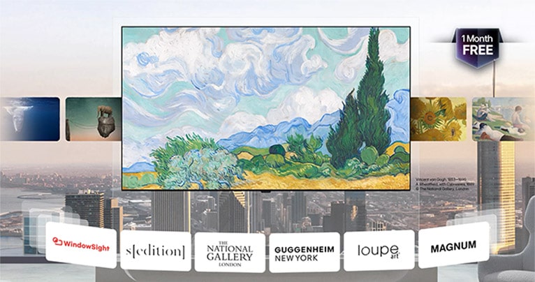 LG ART TV med LG Gallery+ viser kuratert kunst i et hjemmeinteriør, med Vincent van Goghs «A Wheatfield, with Cypresses» i sentrum, sammen med referanser til partnermuseer og meldingen «1 måned gratis».