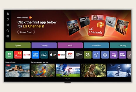 LG ART TVs startskjerm navigerer til LG Channels-grensesnittet og viser gratis direktesendte TV-kanaler, filmer og eksklusivt innhold. Videoen fremhever direkte tilgang til hundrevis av underholdningsalternativer.