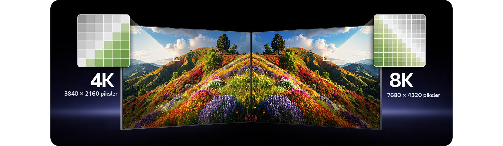 LG TV med 4K-oppløsning demonstrerer skarp bildekvalitet når to skjermer side om side sammenligner 4K- og 8K-bilder, og fremhever skarpe detaljer og raffinerte teksturer, samtidig som 4K vises som det smarteste valget for hverdagsvisning.