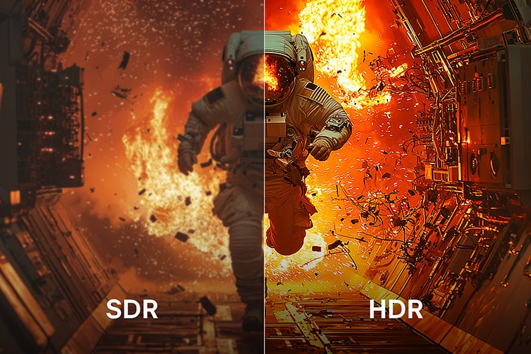 LG TV med HDR forbedrer kontrasten når en delt skjerm sammenligner SDR og HDR, og viser en astronautscene med lysere høylys, dypere skygger og mer definerte detaljer for en mer naturtro seeropplevelse.
