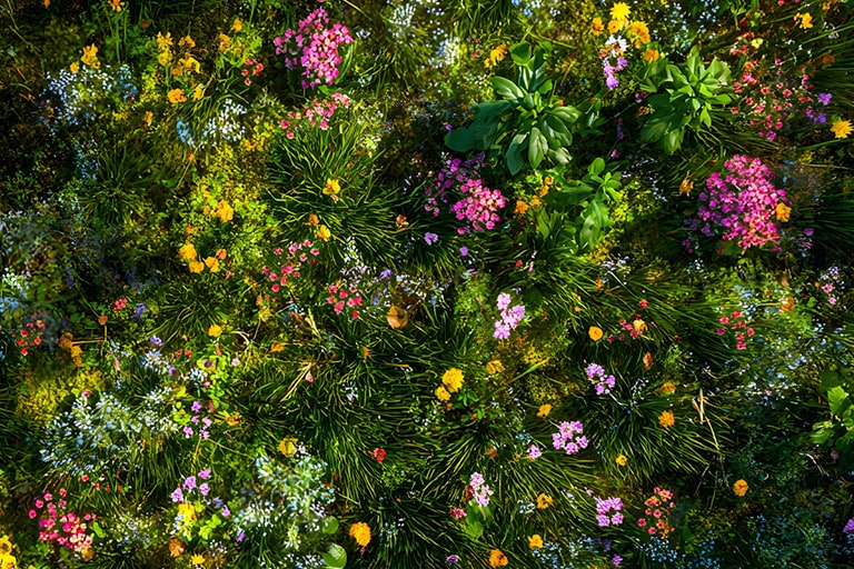 LG TV med 4K-oppskalering forbedrer innhold med lavere oppløsning mot klarhet på 4K-nivå, når en skjerm viser detaljert løvverk og fargerike blomster, og finjusterer teksturer og kanter for å levere skarpere og mer definerte bilder.