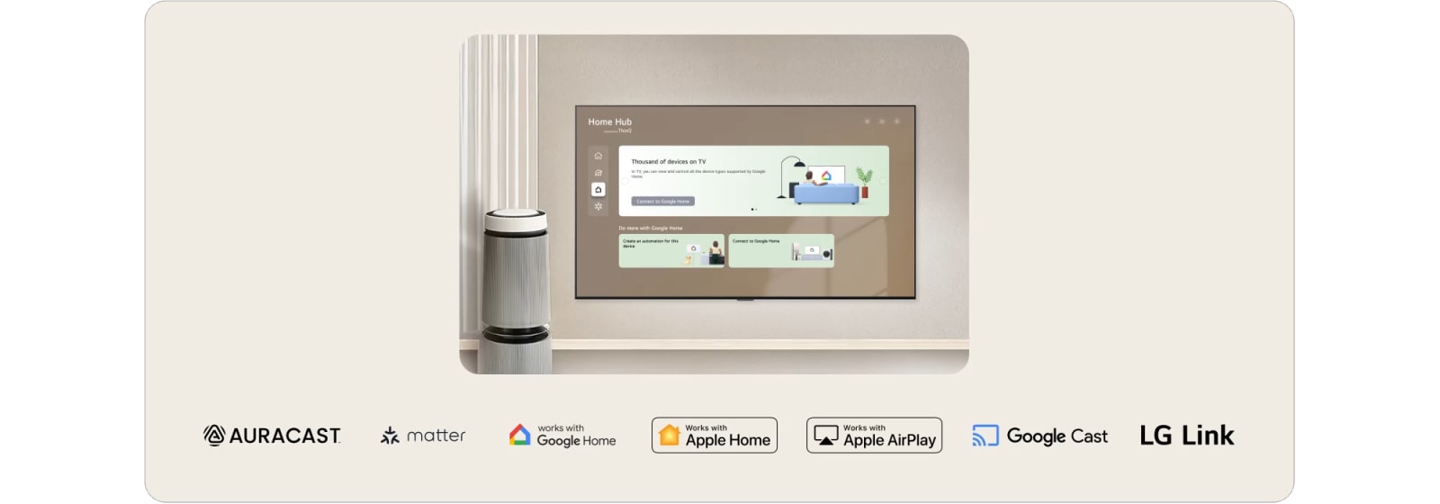 LG AI TV med Smart Connectivity viser Home Hub-grensesnittet med tilkoblinger til Google Home og LG ThinQ, sammen med kontrollpaneler for tilkoblede enheter og logoer fra blant annet Google Home, Apple Home og andre.
