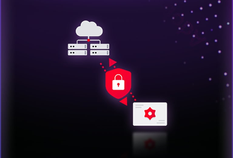 LG AI TV med LG Shield er anerkjent for sikker dataoverføring, illustrert med tilkoblede server- og enhetsikoner, der verifiseringsprosesser sikrer integritet og beskytter data under overføring.