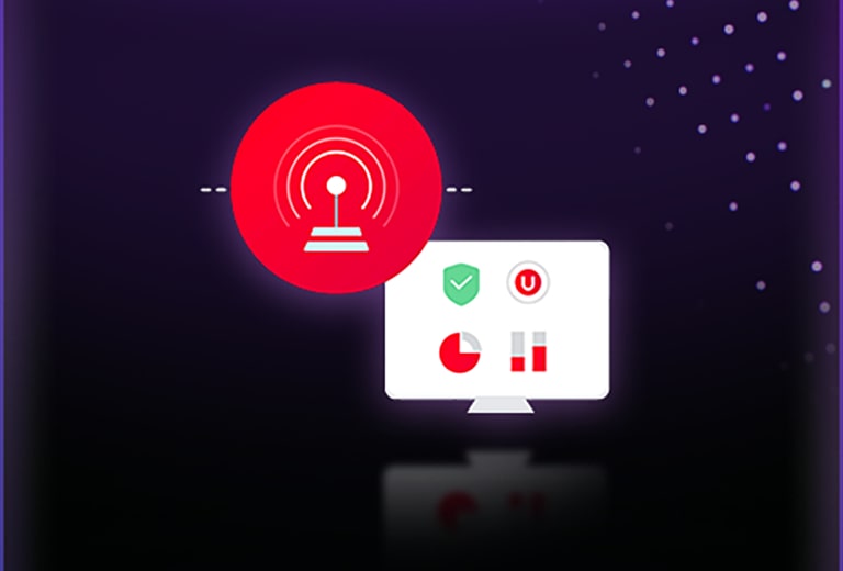 LG AI TV med LG Shield er anerkjent for overføring og respons på sikkerhetshendelser, illustrert med tilkoblings- og overvåkingsikoner, der kryptografiske systemer muliggjør rask oppdagelse og respons på trusler.