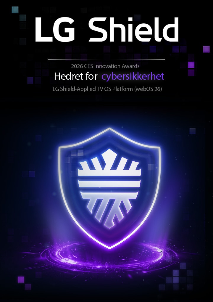 LG AI TV med LG Shield-Applied TV OS Platform er anerkjent ved 2026 CES Innovation Awards som en Cybersecurity Honoree, representert av et glødende skjoldikon med lilla lys.