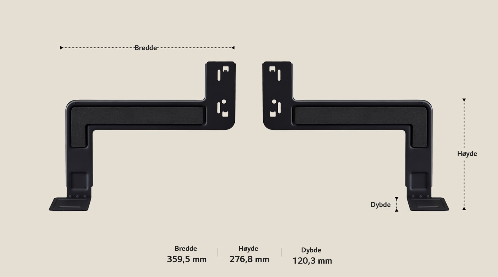 To komponenter av WOW Bracket plassert på langs på en beige bakgrunn. Bredden, høyden og dybden er merket og vist med piler. Nederst, følgende spesifikasjoner: Bredde 359,5 mm, høyde 276,8 mm, dybde 120,3 mm.