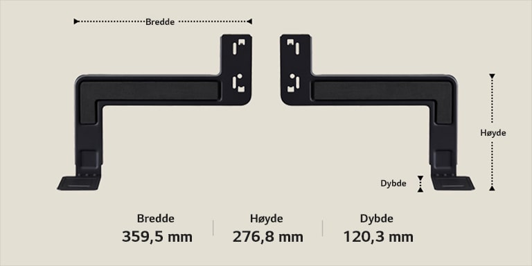 To komponenter av WOW Bracket plassert på langs på en beige bakgrunn. Bredden, høyden og dybden er merket og vist med piler. Nederst, følgende spesifikasjoner: Bredde 359,5 mm, høyde 276,8 mm, dybde 120,3 mm.