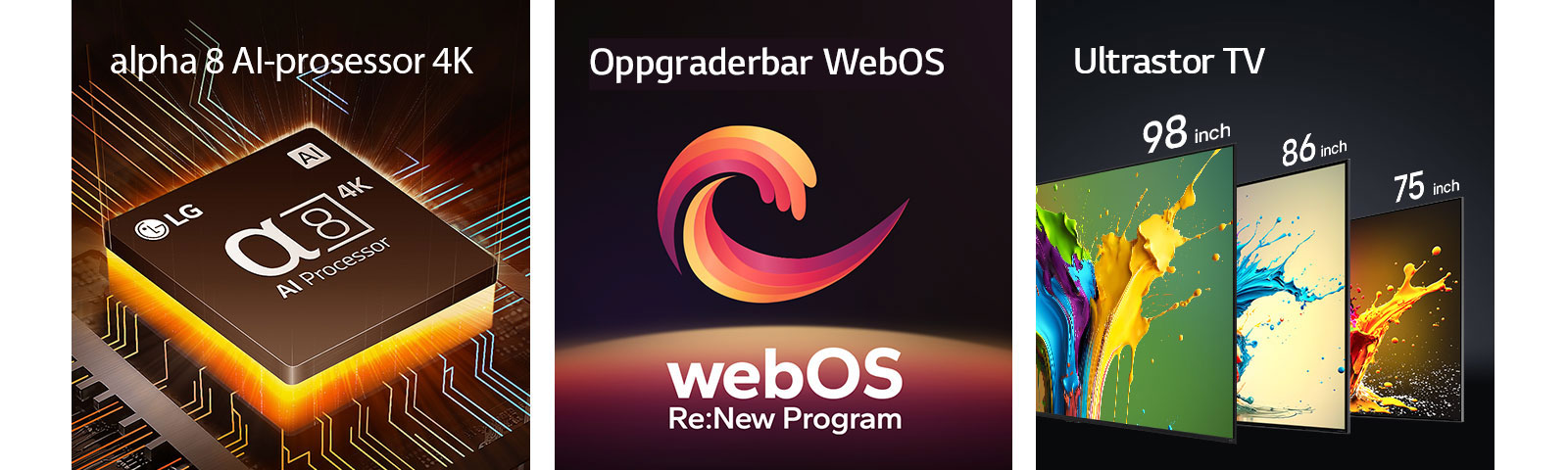 Alpha 8 AI Processor 4K vises med oransje lys som stråler nedenfra. LG QNED89, QNED90 og QNED99 TV vises i rekkefølge fra venstre til høyre. Hver TV viser et fargerikt klatt og ordene "Ultra Big TV" vises over TV-apparatene.